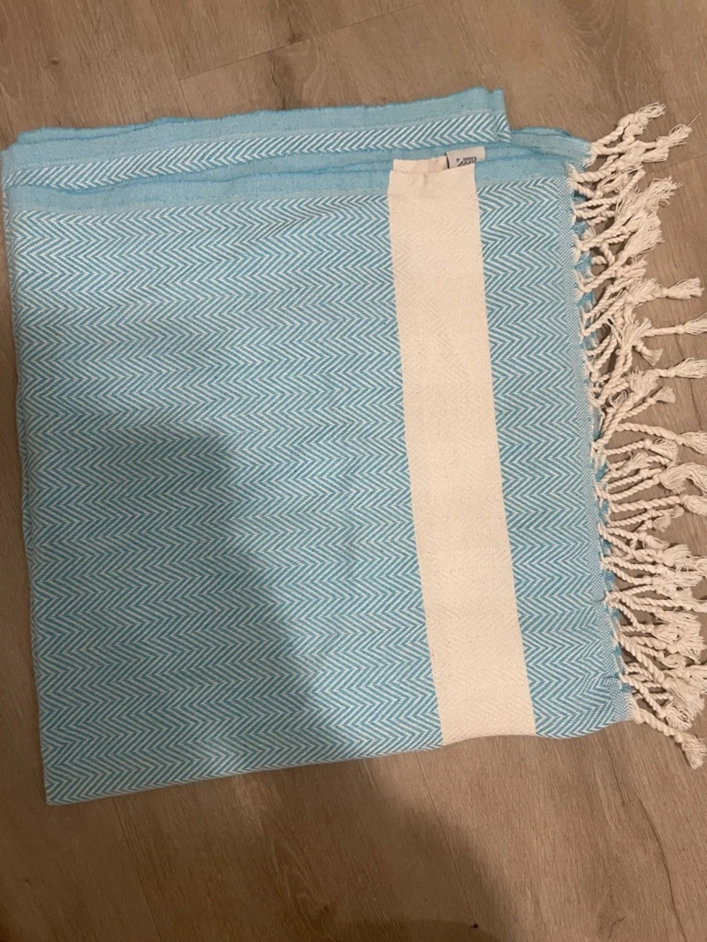 Light Blue and Cream Oversized Turkish-Style Fringe Beach Blanket 100% Cotton